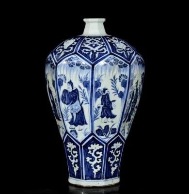34CM Old Chinese Blue and White Vase W/figure N3185