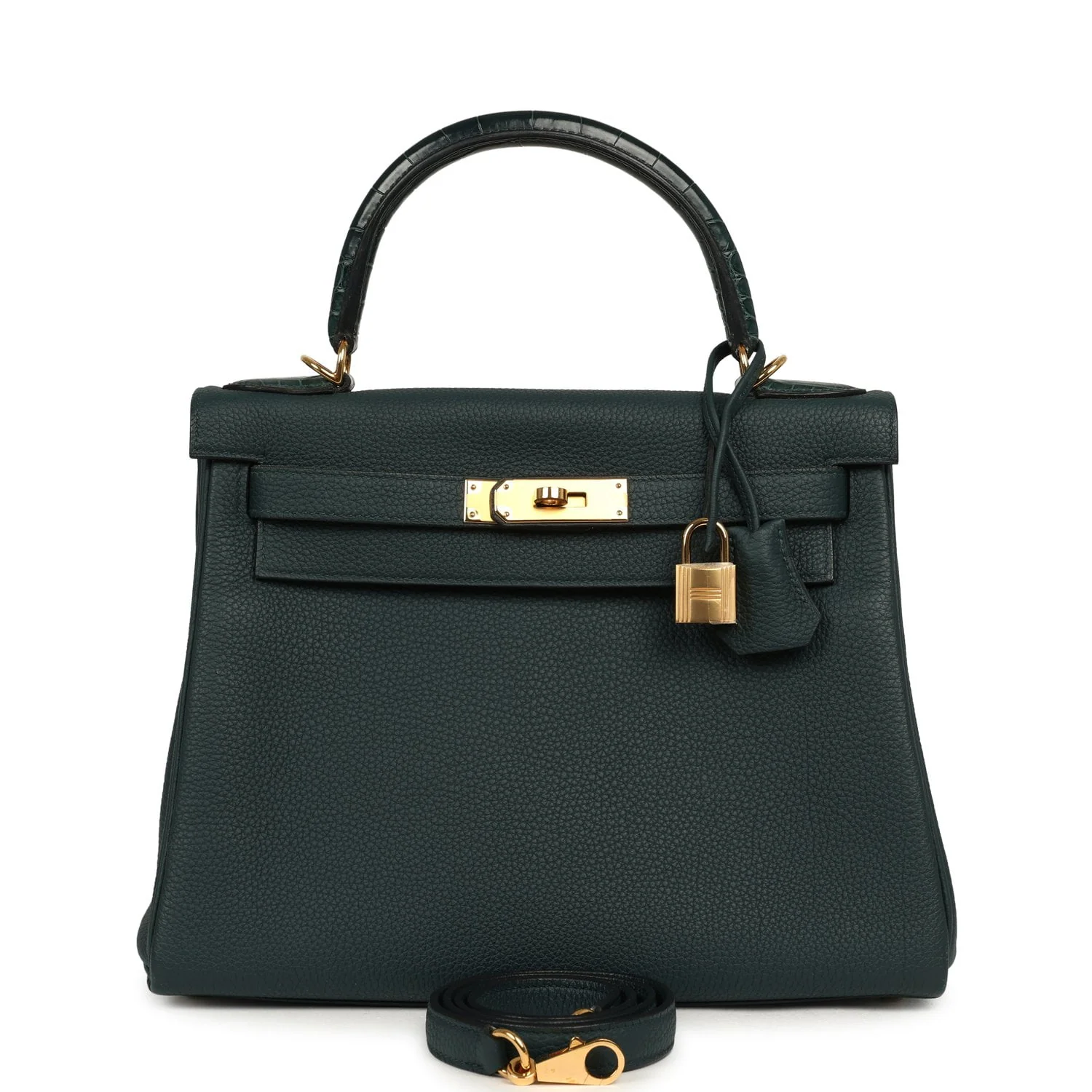 HERMÈS Kelly Retourne 28 Vert Cypress Togo, Matte Alligator Touch Gold Hardware
