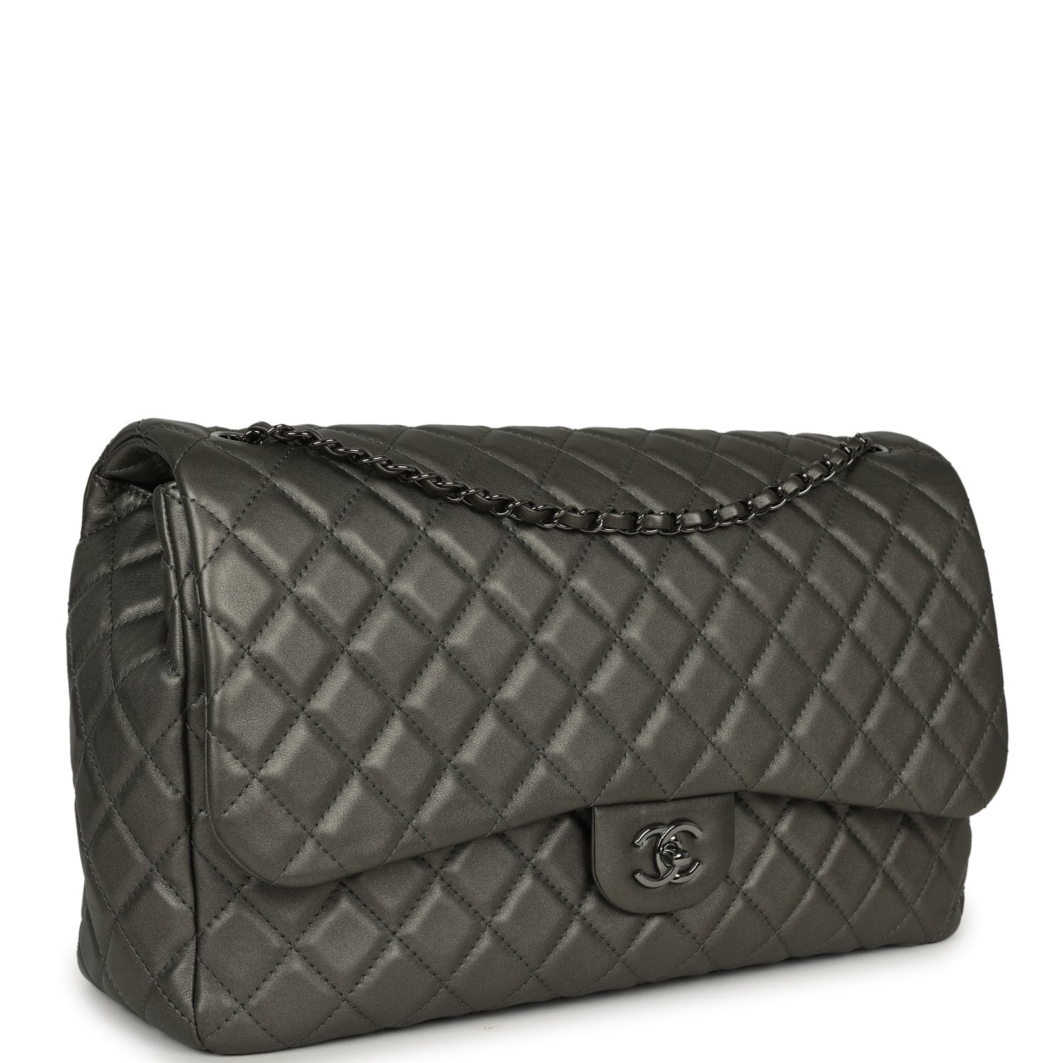 CHANEL XXL Classic Single Flap Bag Dark Grey Metallic Lambskin Ruthenium Hardware