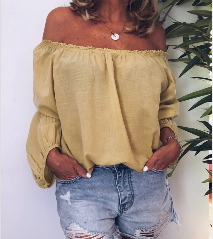 Elastic pleated cotton and linen long-sleeved Off shoulder shirt