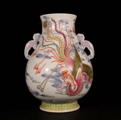 Pair Yongzheng Signed Old Chinese Colour Enamel Vase W/dragon N1572