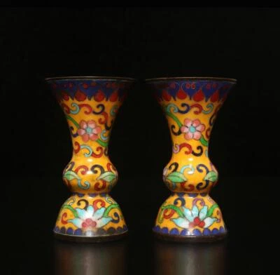 Pair Old Chinese Bronze Cloisonne Enamel Vase w/flower