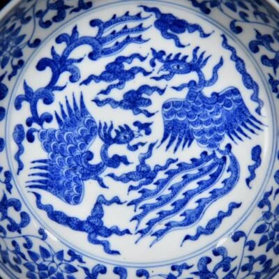 Kangxi Signed Old Chinese Blue and White Dish W/phoenix N3486