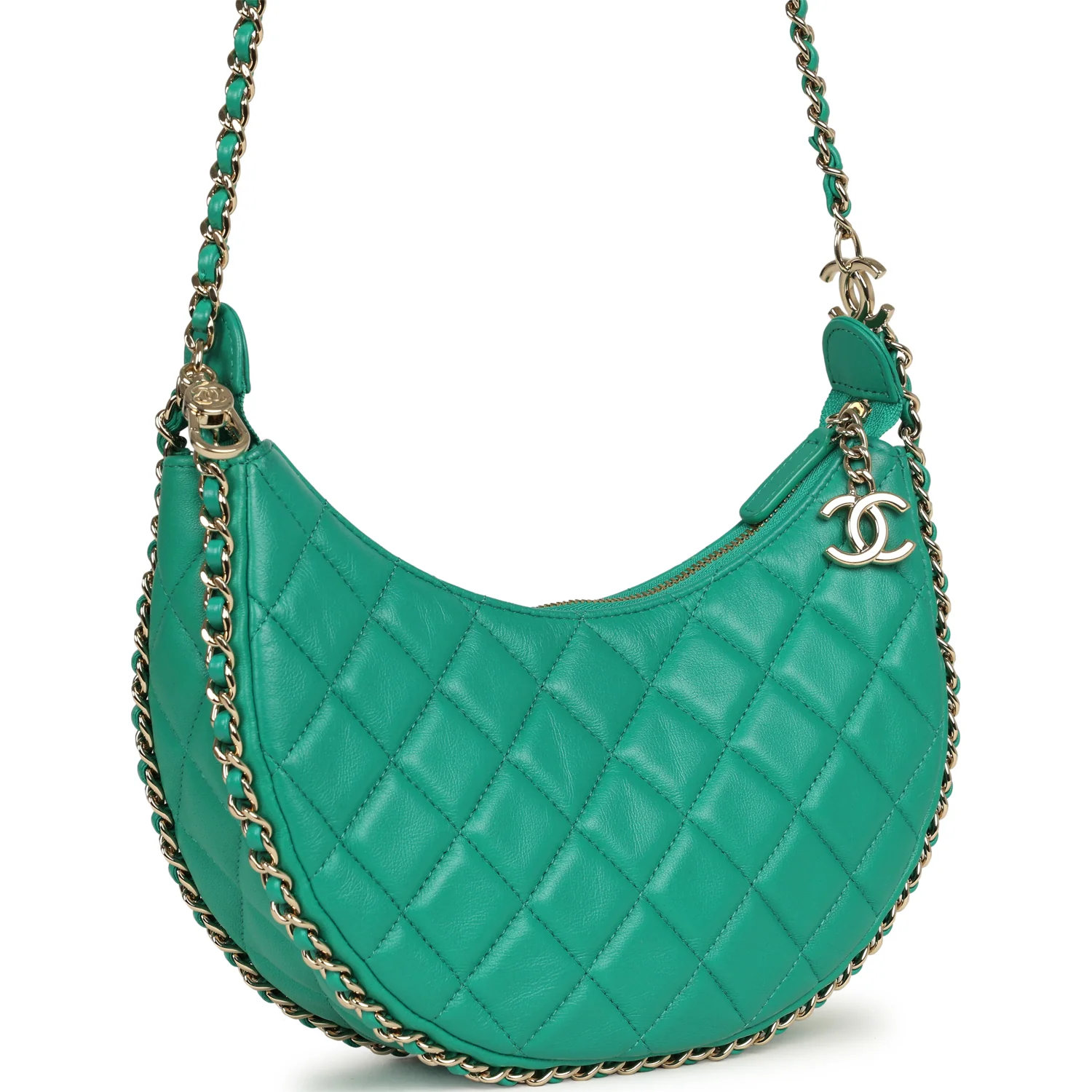 CHANEL Small Chain Around Hobo Bag Teal Lambskin Light Gold Hardware