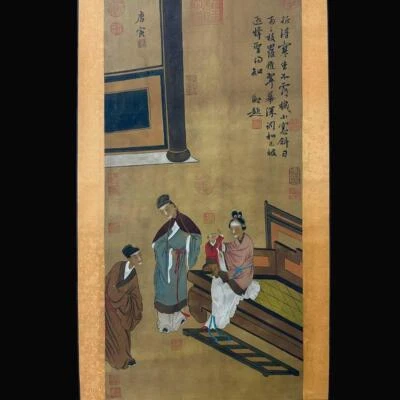 Tang Yin Signed Chinese Hand Painted Calligraphy Scroll w/figure N1804