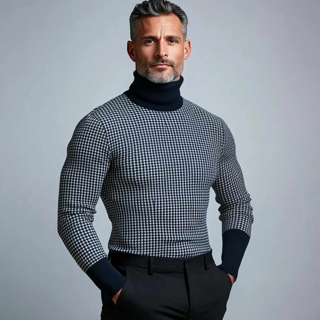 Men's High Neck Long Sleeve Houndstooth Knit Sweater