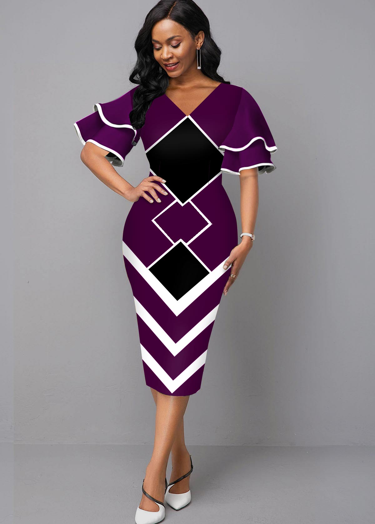 Geometric Print V Neck Sheath Dress