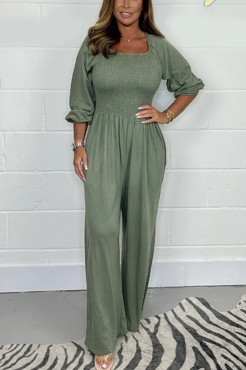 🌲🔥 Solid Color Long Sleeve Elastic Waist Wide Leg Jumpsuit
