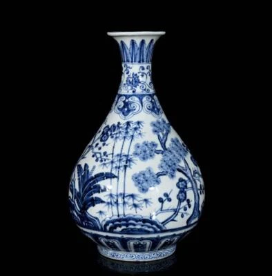 32CM Xuande Signed Old Chinese Blue and White Vase W/bamboo N3176