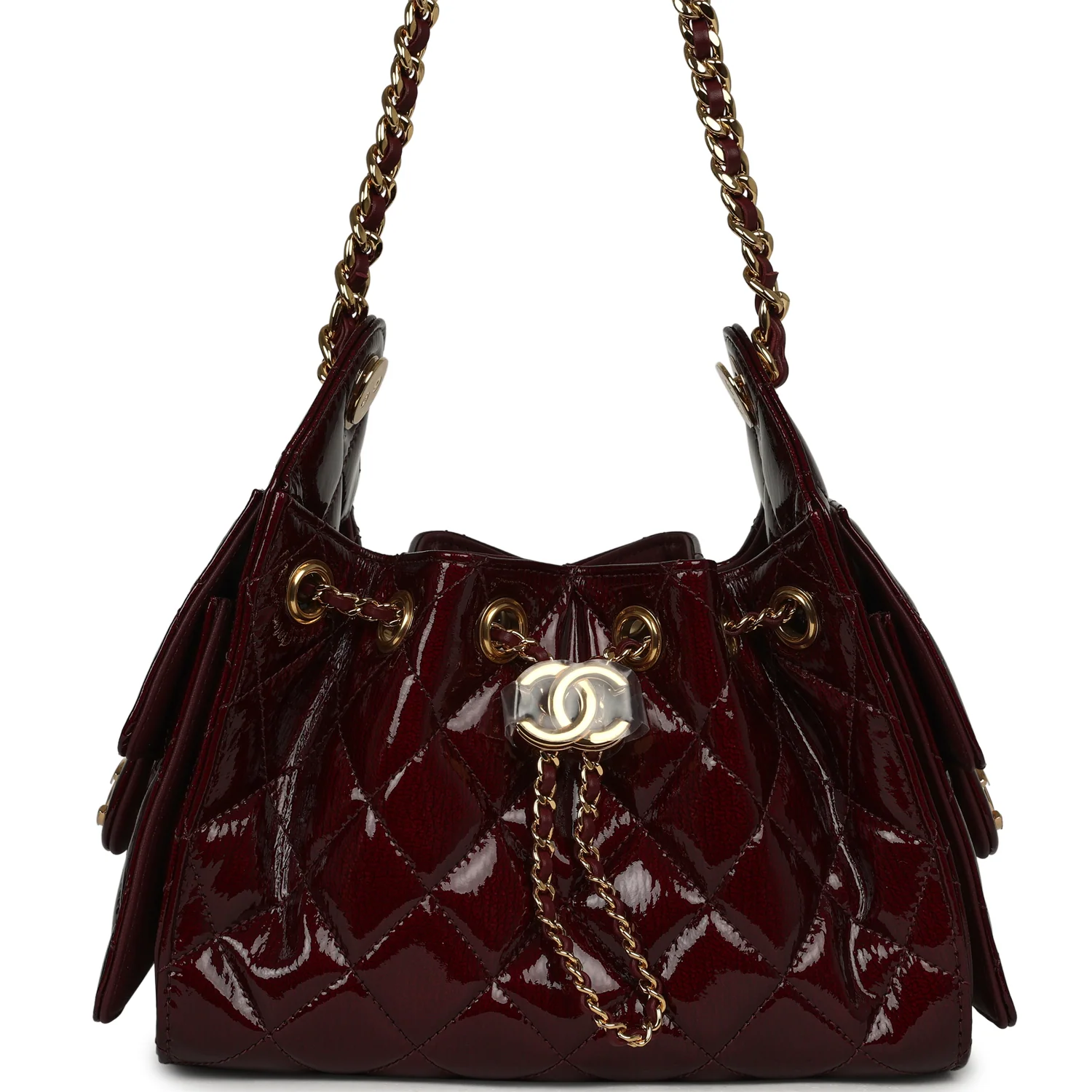 CHANEL Mini 25 Hobo Bag Burgundy Patent Lambskin Gold Hardware