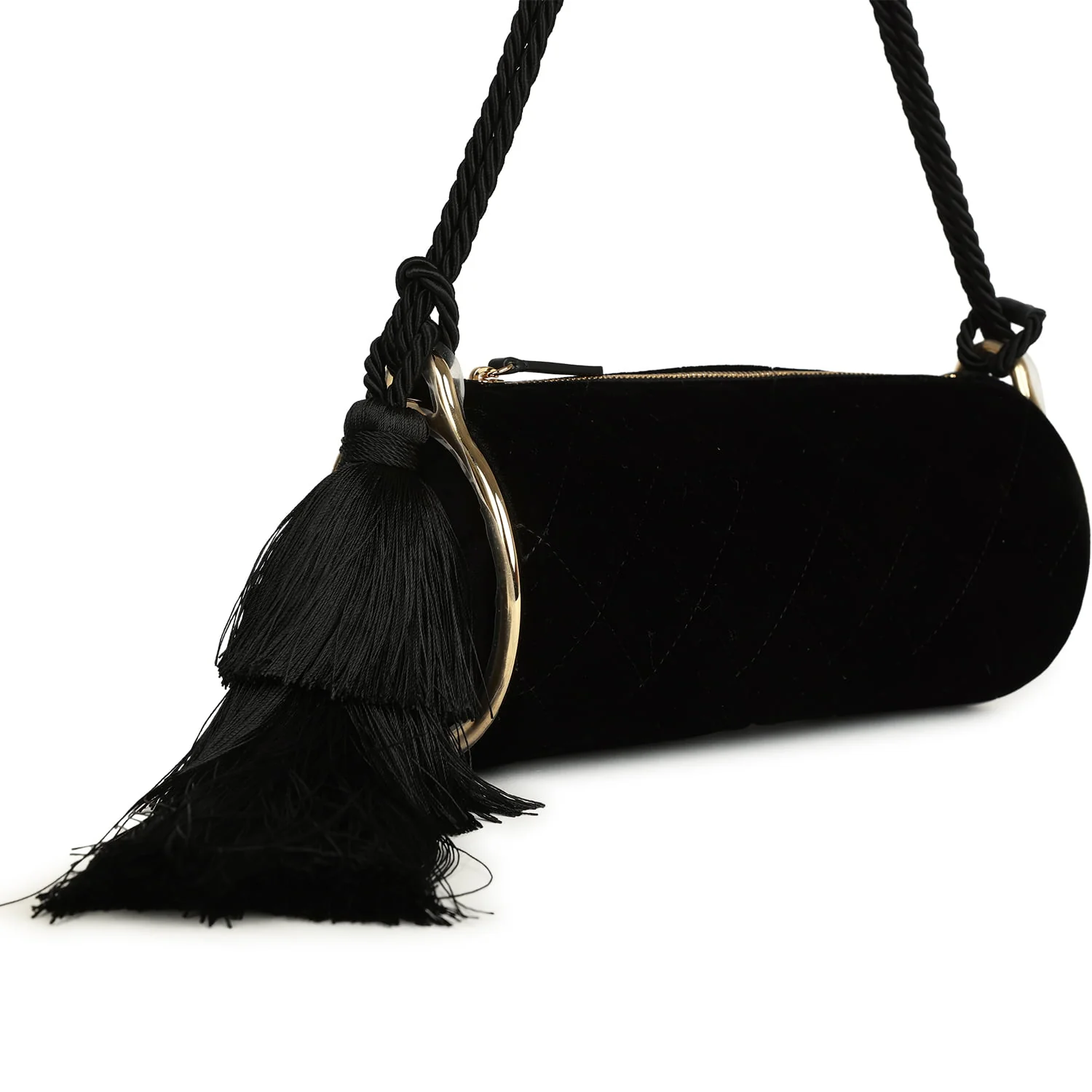 Chanel Tassel Barrel Bag Black Velvet Gold Hardware