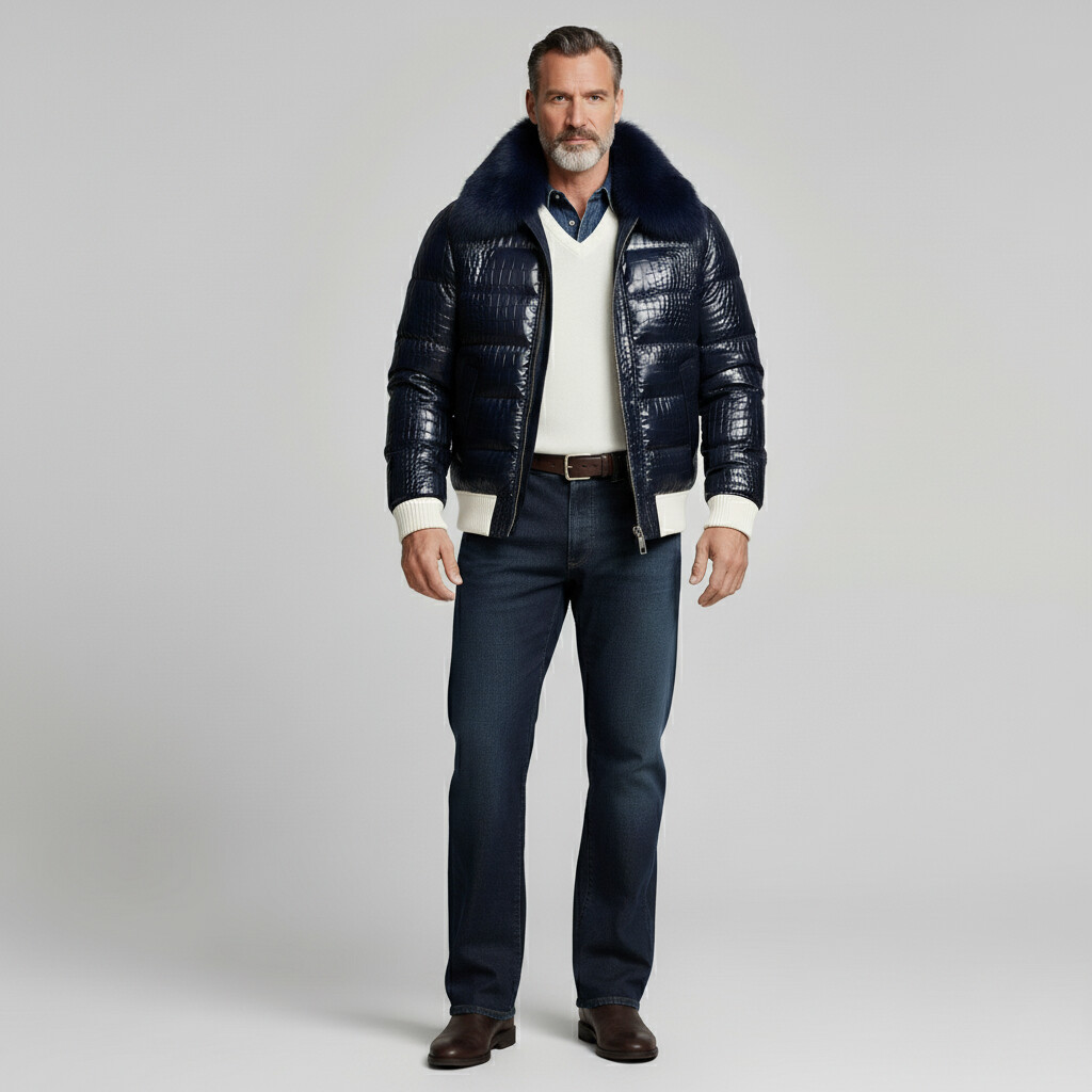 Men's Navy Blue Crocodile PU Leather Fur Collar Long Sleeve Zip Up Quilted Puffer Jacket