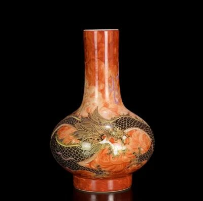 Pair Qianlong Signed Old Chinese Colour Enamel Gilding Vase W/dragon N742