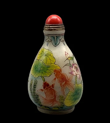 Qianlong Signed Old Chinese Painting Snuff Bottle w/fish N4242