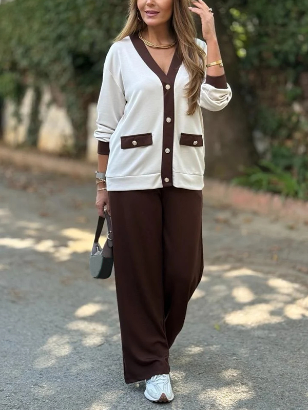 NEW🔥 Women's Soft V-Neck Color Collision Button Cardigan Set with Wide Fit Pants