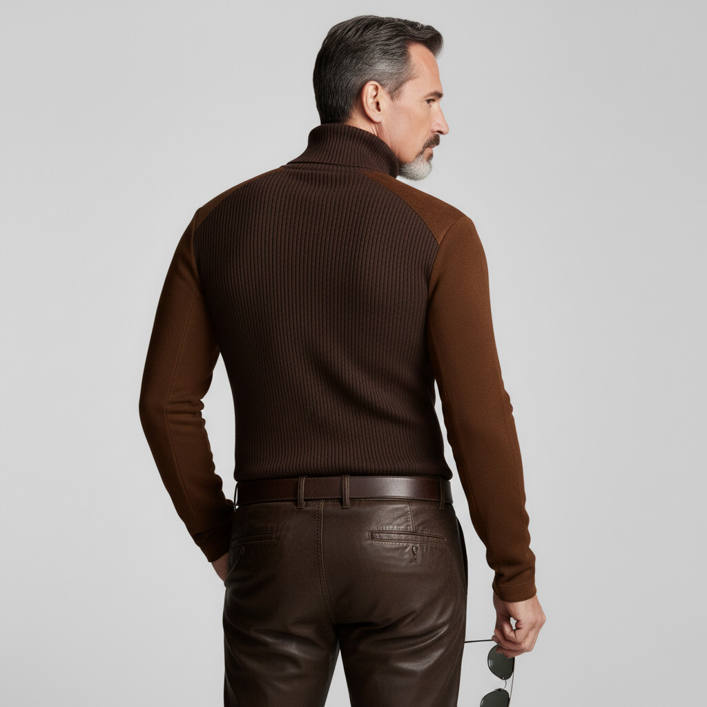 Men's Brown Turtleneck Suede Patchwork Long Sleeve Ribbed Knit Sweater