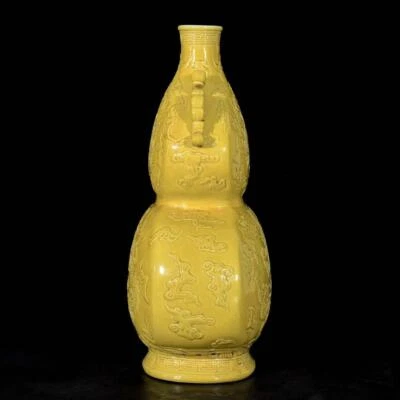 33CM Kangxi Signed Old Chinese Yellow Glaze Vase W/dragon N3322