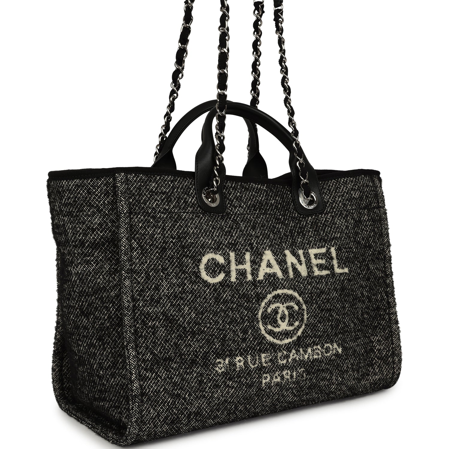 Chanel Medium Deauville Shopping Tote Black, White Wool, Leather Silver Hardware