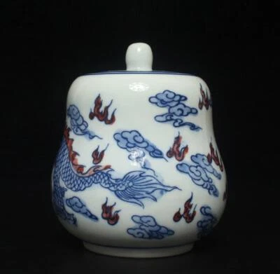 Qianlong Signed Chinese Blue & White Porcelain Tea Caddy w/dragon