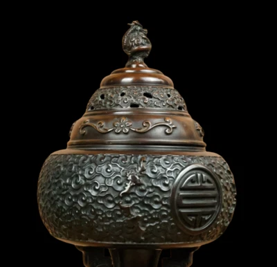 39CM Signed Old Chinese Red Copper Handmade Incense Burner w/cloud N3784