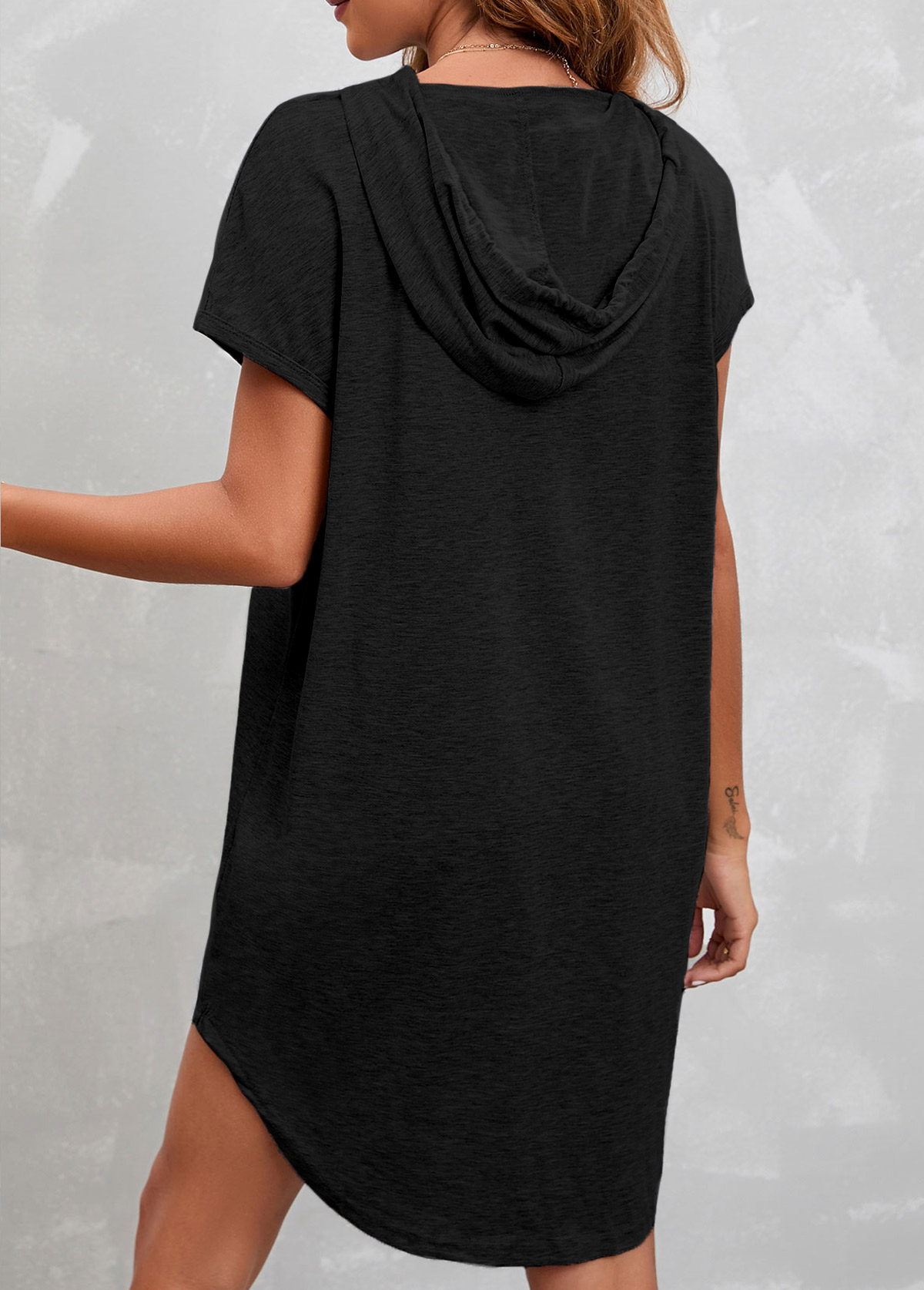 Drawstring Short Sleeve Black Hooded Collar Dress