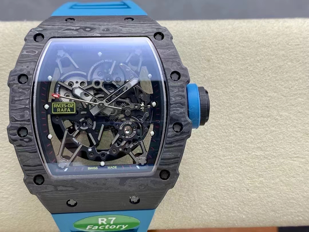 【7A Quality】Replica Richard Mille RM 35-02 Swiss NTPT Carbon Fiber Case, Blue Rubber Strap Watch