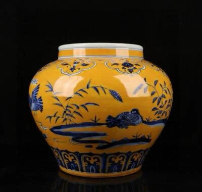 31CM Xuande Signed Old Chinese Blue and White Jar Pot W/bird N1381