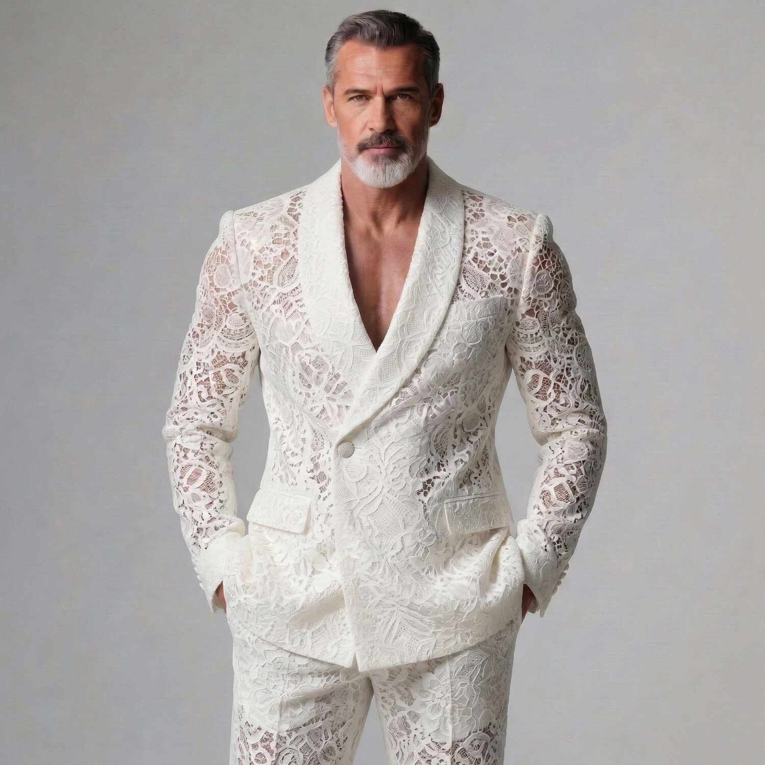 Men's White Patchwork Lace Peak Lapel Double Breasted Long Sleeve Blazer