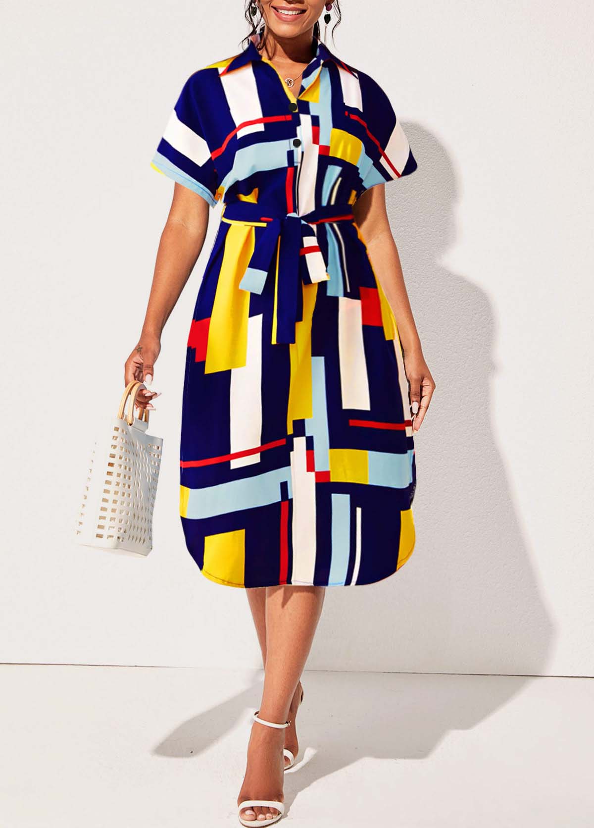 Belted Turndown Collar Geometric Print Dress