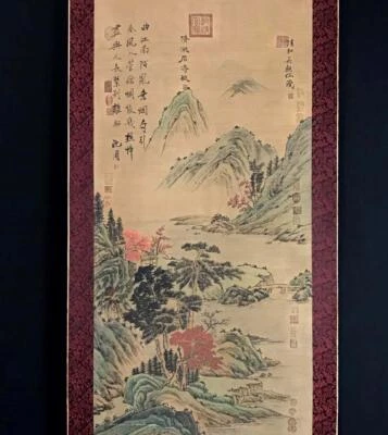 Shen Zhou Signed Chinese Hand Painted Calligraphy Scroll w/landscape N2769