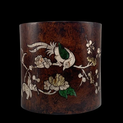 Old Chinese Wood Brush Pot W/bird N4233