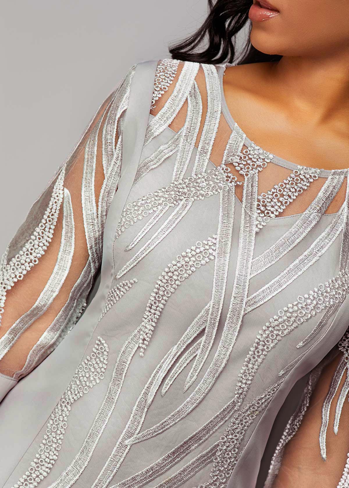Lace Panel 3/4 Sleeve Light Grey Dress