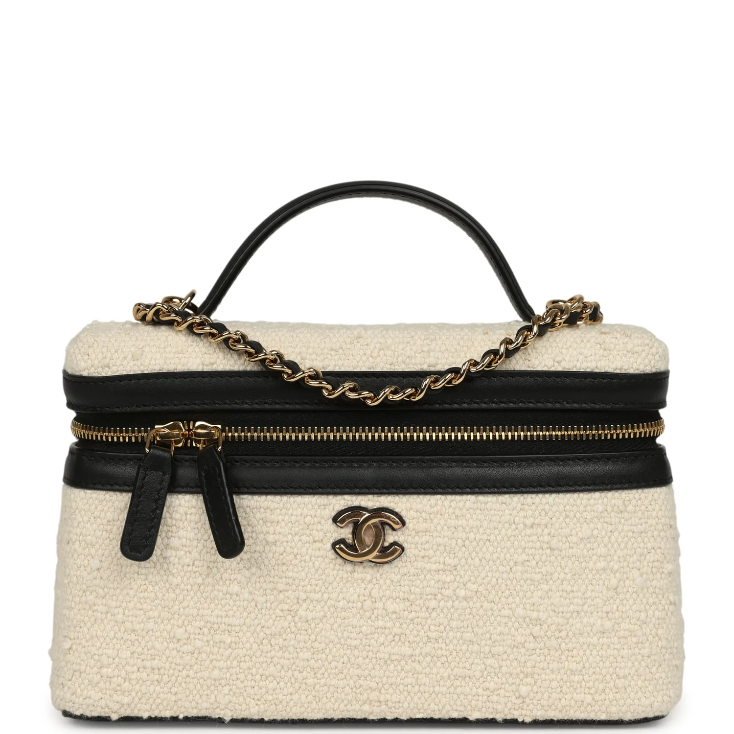 Chanel Coco Beach Top Handle Long Vanity Case with Chain Ecru Tweed and Black Calfskin Gold Hardware