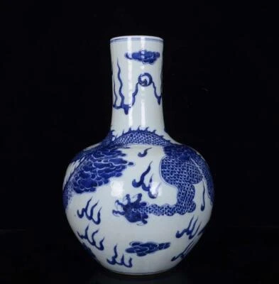 33CM Fushoukangxi Signed Old Chinese Blue and White Vase W/dragon N210