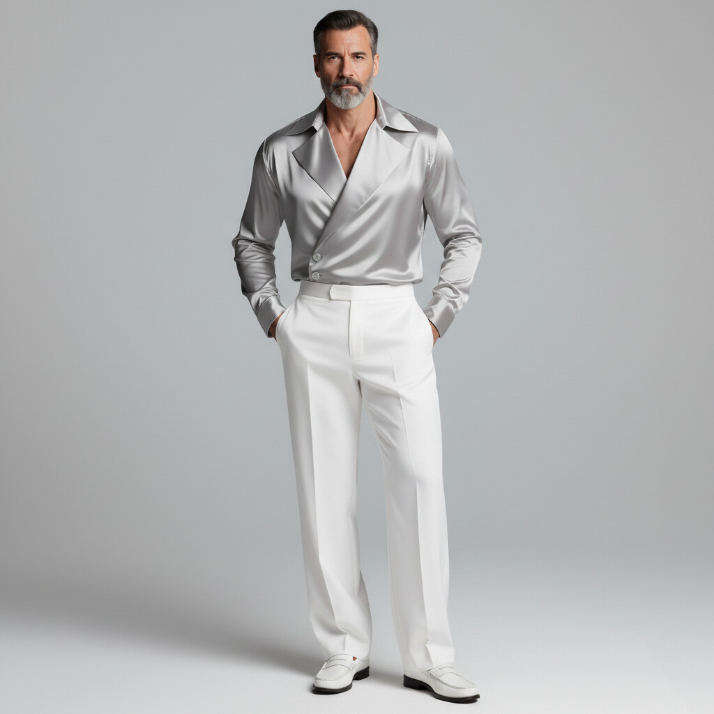 Men's Elegant Silver Lapel Collar Wrapped Buttons Satin Long Sleeve Shirt