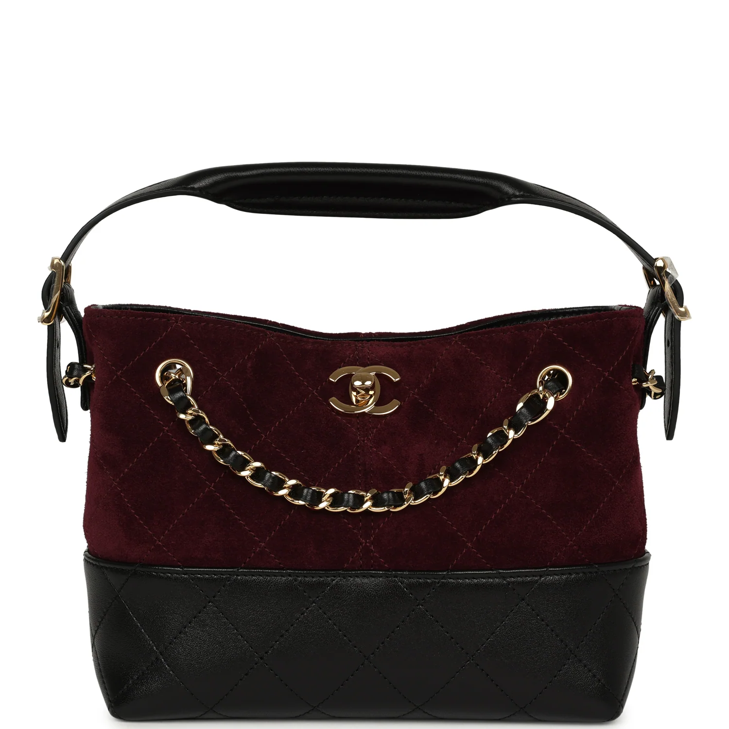 CHANEL Mini Coco Base Bag Burgundy Suede, Black Lambskin Gold Hardware