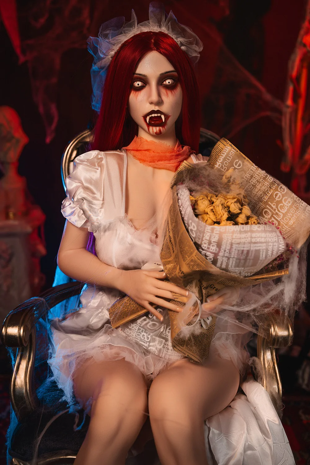 Kama 5ft54 / 169cm #M7 ROS Soft Silicone Head + TPE Bodyy Halloween Vampire Goth Blowjob Hentai Sex Doll With Red Hair