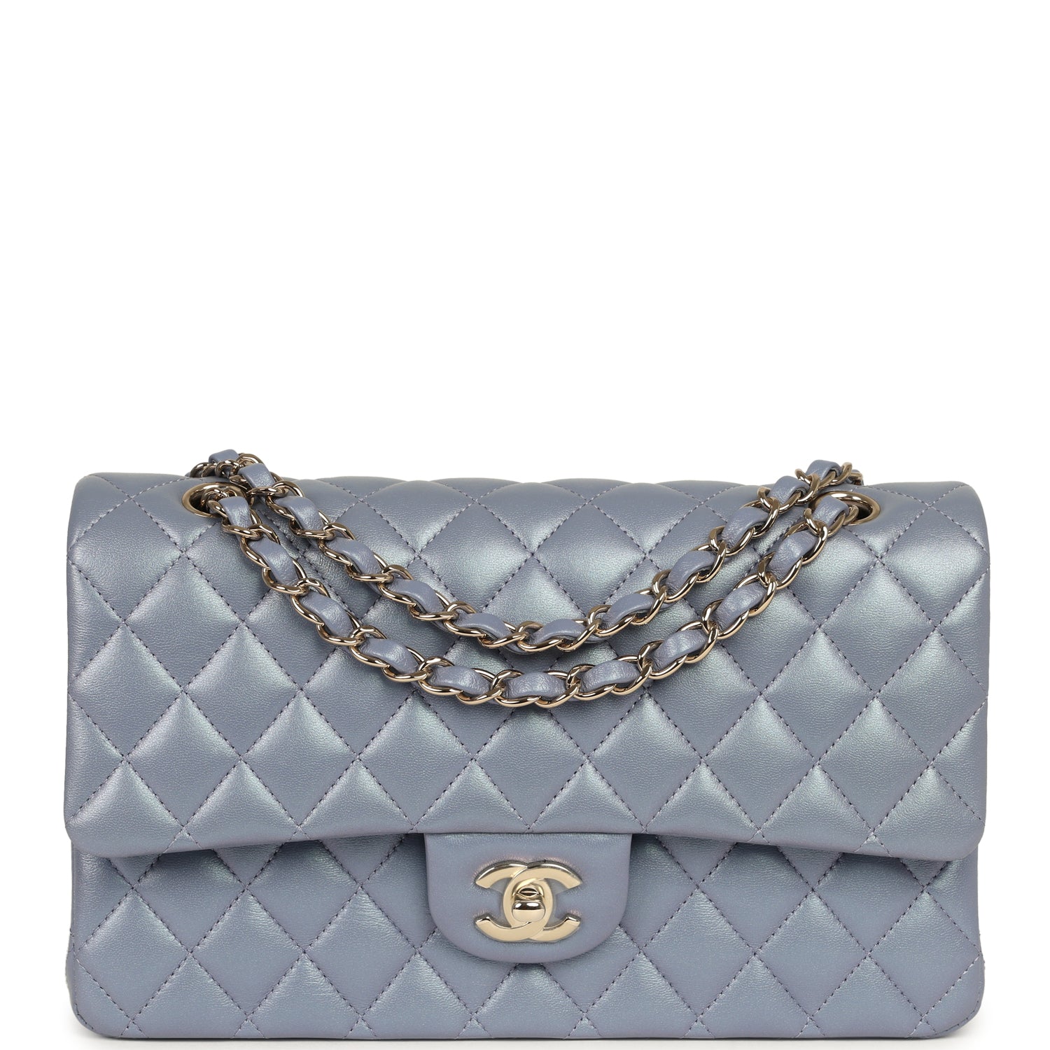 CHANEL Medium Classic Double Flap Bag Purple Iridescent Lambskin Light Gold Hardware