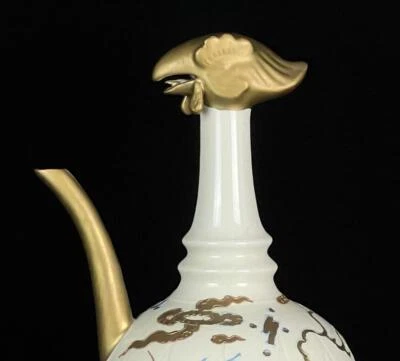 32CM Old Chinese Ding Kiln White Glaze Teapot w/dragon N818