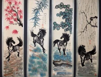 Four Xu Beihong Signed Chinese Hand Painted Calligraphy Scroll w/horse N2054