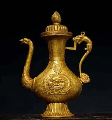 32CM Old Chinese Bronze Gilding Teapot Wine Pot w/dragon N2944