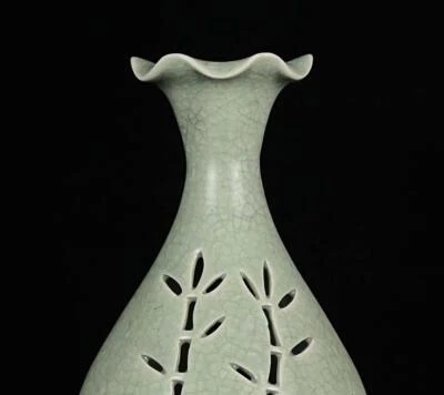 Chongning Signed Old Chinese Ru Yao Ru Kiln Vase w/bamboo N2024