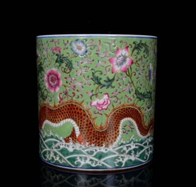 Qianlong Signed Old Chinese Famille Rose Brush Pot W/ dragon N108