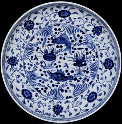 41CM Yongle Signed Old Chinese Blue and White Dish Plate W/fish N393