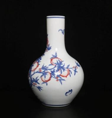 34.5CM Yongzheng Signed Old Chinese Blue & White Porcelain Vase w/ peach