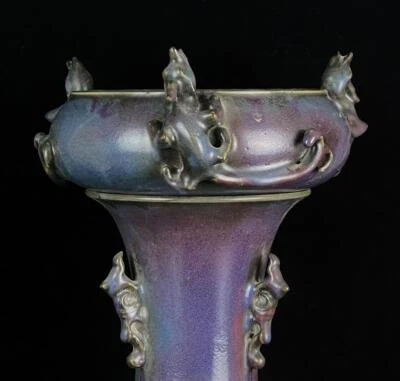 36CM Old Chinese Yaobian Yao Jun Kiln Vase Zun w/dragon N523