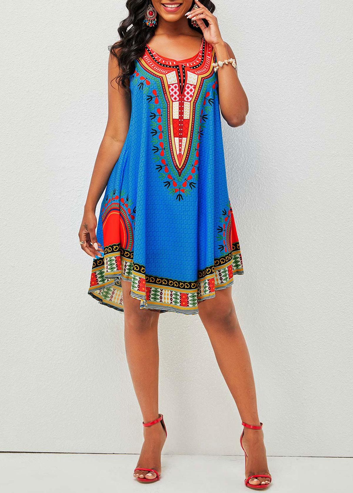 Wide Strap Tribal Print Round Neck Dress