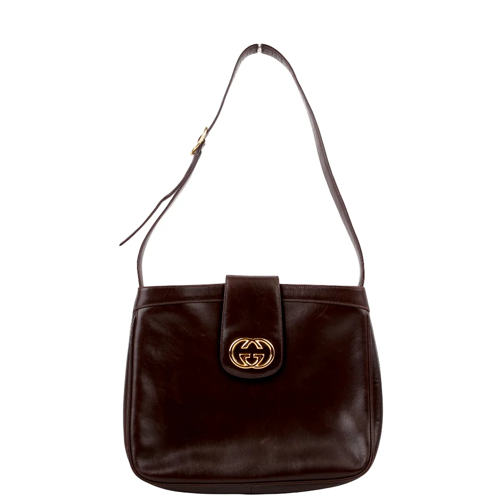 GUCCI Interlocking G Leather Shoulder Bag Brown