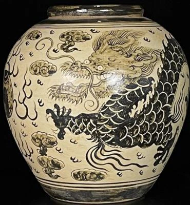 25CM Old Chinese Jizhou Kiln Vase w/dragon N849