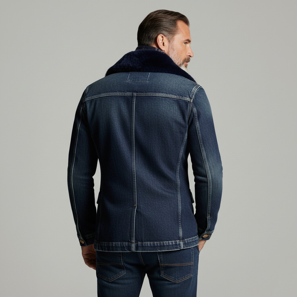Men's Navy Blue Fur Lapel Collar Double Breasted Long Sleeve Denim Jacket
